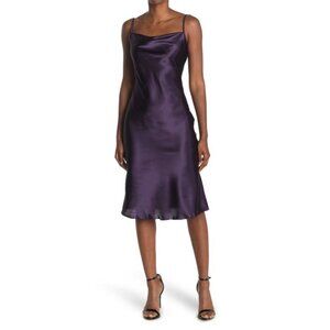 Bebe Satin Slip Dress Cowl Neck Purple Size Medium Wedding Party Formal Women's